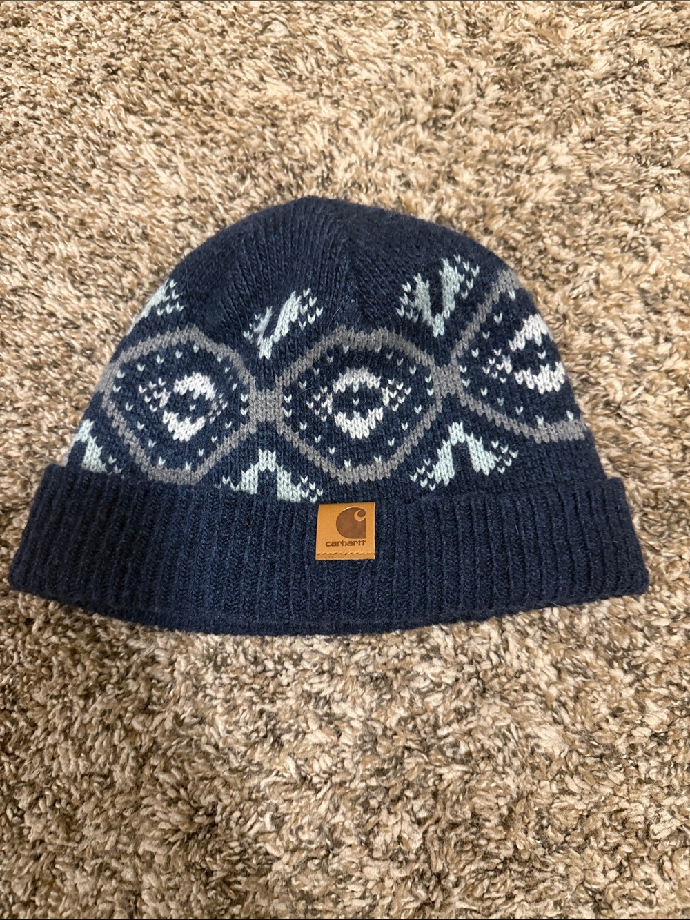 Carhartt Navy Knit Beanie with Geometric Pattern